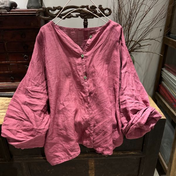 燕燕~棉麻商品~春季。苧麻 文藝復古開衫無領鈕扣落肩小衫上衣 長袖棉麻衫 