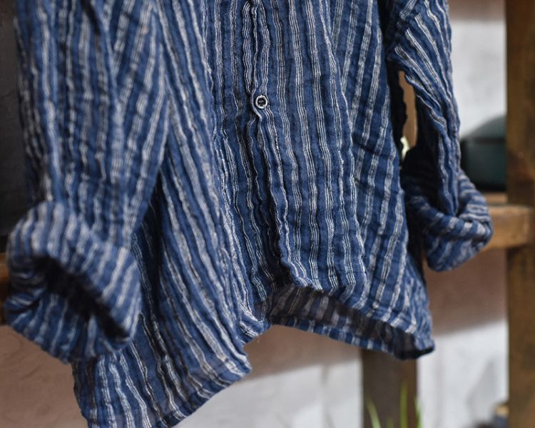 燕燕~ 亞麻   稀疏條紋色織砂洗毛邊外套 百搭長袖休閒寬鬆麻衫 