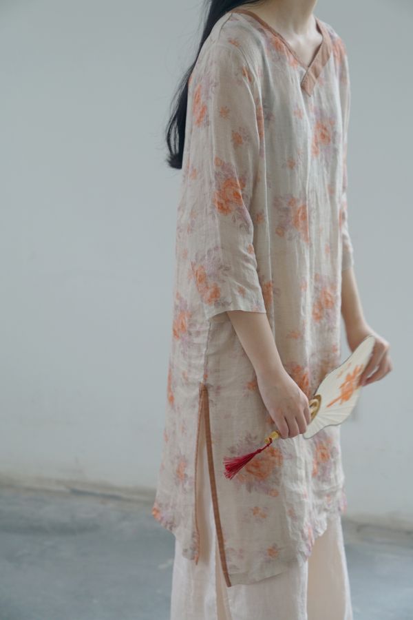 燕燕~苧麻 文藝數碼印花修身 洋裝 連身裙 ab2219501 