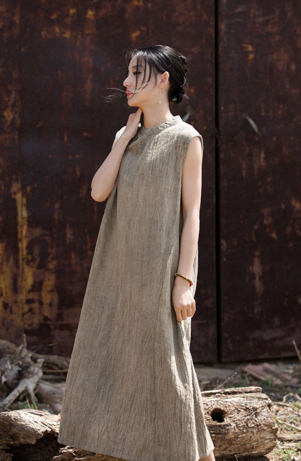 燕燕～秋冬薄款 苧麻棉手工紮染國風改良 無袖洋裝連身裙 