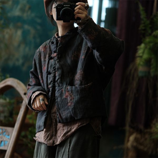 燕燕~棉麻商品~純亞麻。復古文藝仿香雲紗印花棉衣外套  ab191201 
