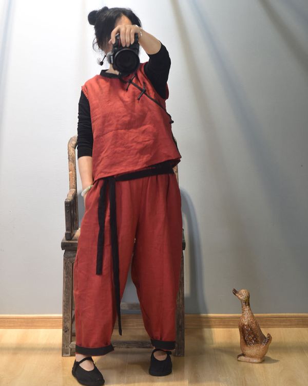 燕燕~春秋新款 色織亞麻寬鬆蘿蔔褲 休閒旅行燈籠褲禪意闊腿褲 