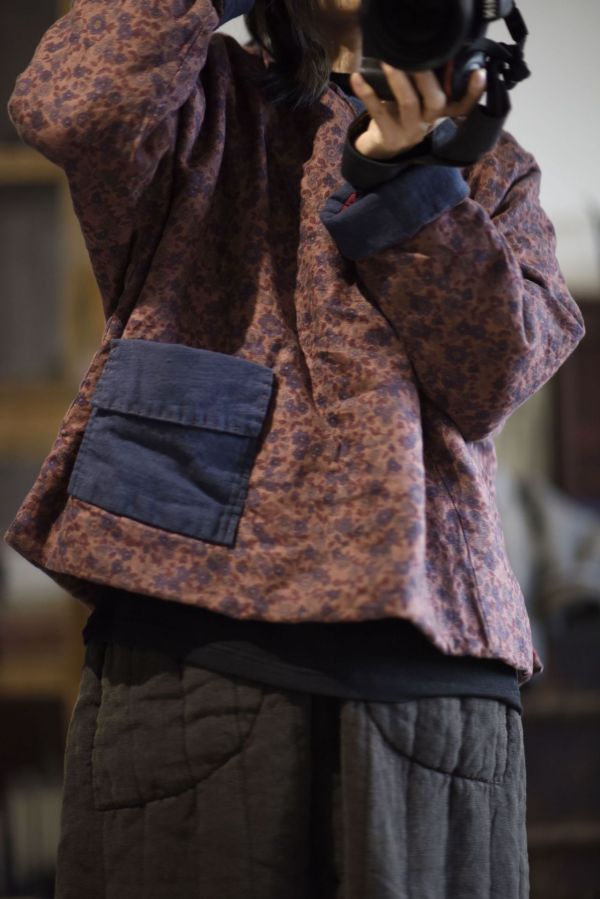 燕燕~棉麻商品~冬季款  亞麻 復古印花寬鬆圓領半開短款棉服上衣 
