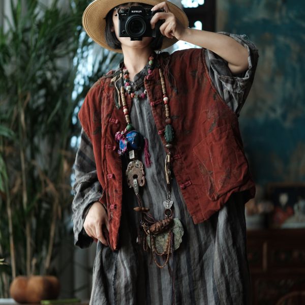 燕燕~復古文藝數位印花夾棉對襟棉背心 ab214401 