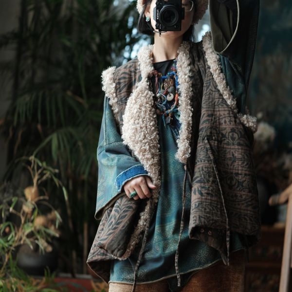 燕燕~復古羊捲毛翻領繫帶夾棉背心 ab227201 