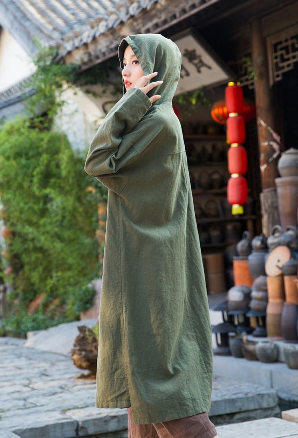 燕燕~棉麻商品~秋冬款 秋冬新款 苧麻棉   砂洗盤扣連帽禪意女式披風袍子外衣外套 
