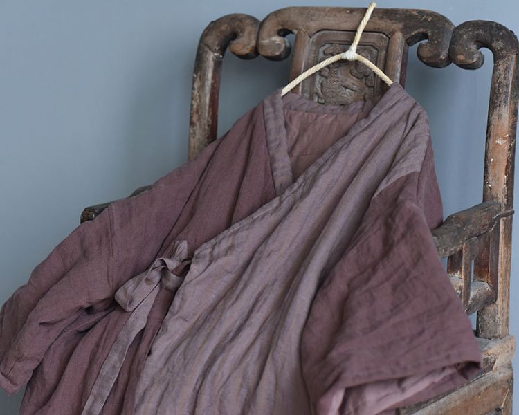 燕燕~拼色設計 亞麻夾棉寬鬆斜襟開衫棉衣外套 長大衣 