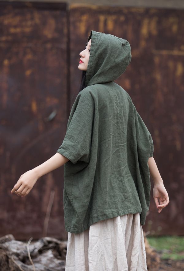 燕燕~夏季 苧麻棉 砂洗盤扣連帽防曬上衣  短袖棉麻衫 