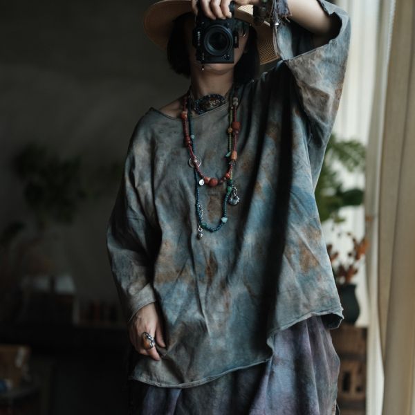 燕燕~復古手工植物染針織棉寬鬆百搭打底T恤 上衣 ab237201 