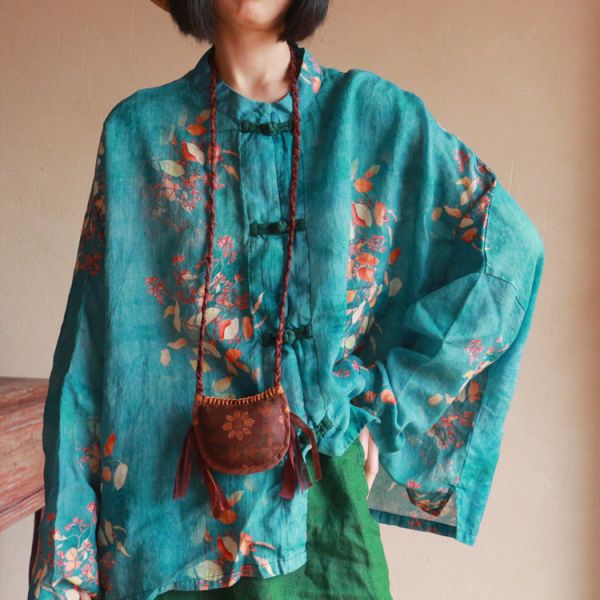 燕燕~棉麻商品~純亞麻  復古印花純亞麻小衫上衣 長袖棉麻衫 