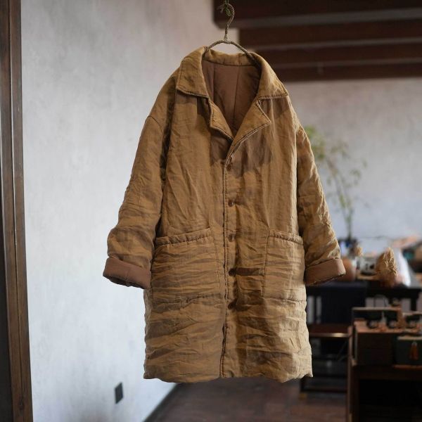 燕燕～秋冬款 加厚苧麻過冬厚棉衣大版寬鬆 長版西服外套 