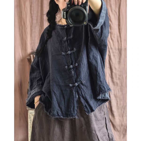 燕燕~亞麻 做舊毛邊上衣  撞色寬鬆盤扣女式短款開衫外套 