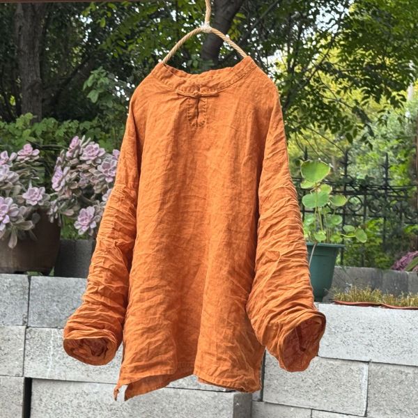 燕燕～高品質砂洗亞麻手工縫製盤扣上衣 手縫線立領襯衫 打底衫 