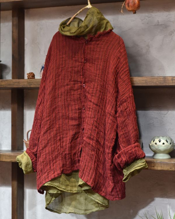 燕燕~ 亞麻   稀疏條紋色織砂洗毛邊外套 百搭長袖休閒寬鬆麻衫 