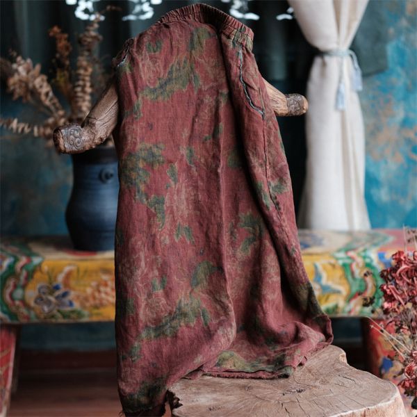 燕燕~秋冬新款 純亞麻 做舊毛邊鬆緊腰兩側口袋A字長裙。ab208701 