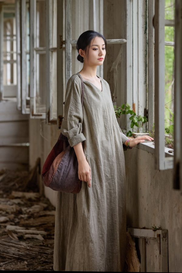 燕燕~秋冬新款 苧麻棉紮染洋裝連身裙 