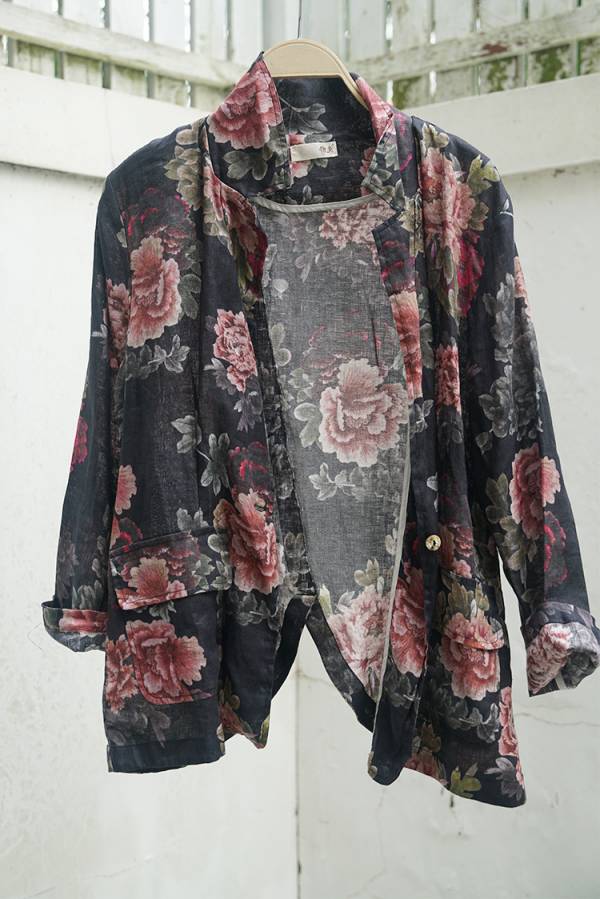 燕燕~棉麻商品~苧麻材質  印花西裝開衫外套 顯瘦百搭長袖棉麻衫 ab228101 