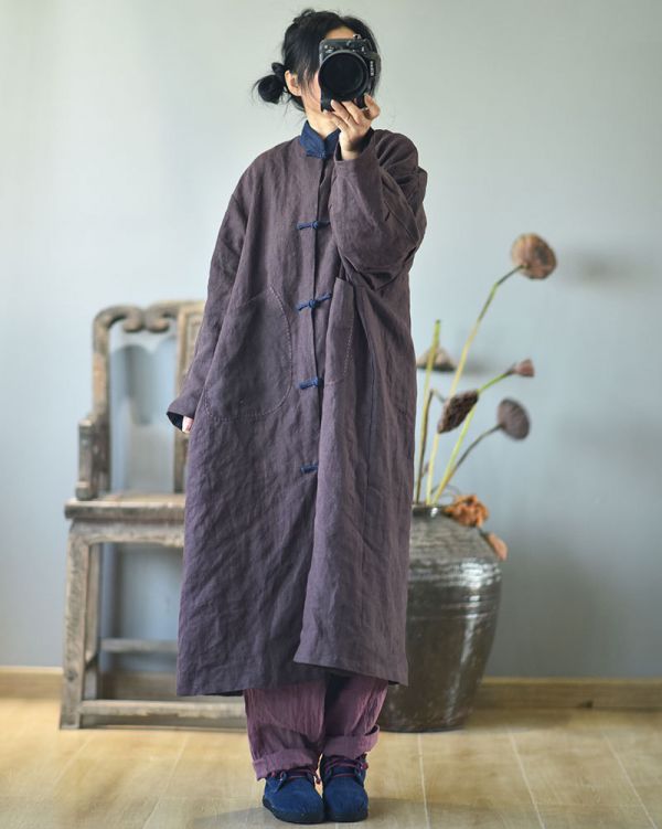 燕燕~春秋款 亞麻.  水洗做舊復古手工盤扣長袍 風衣外套 