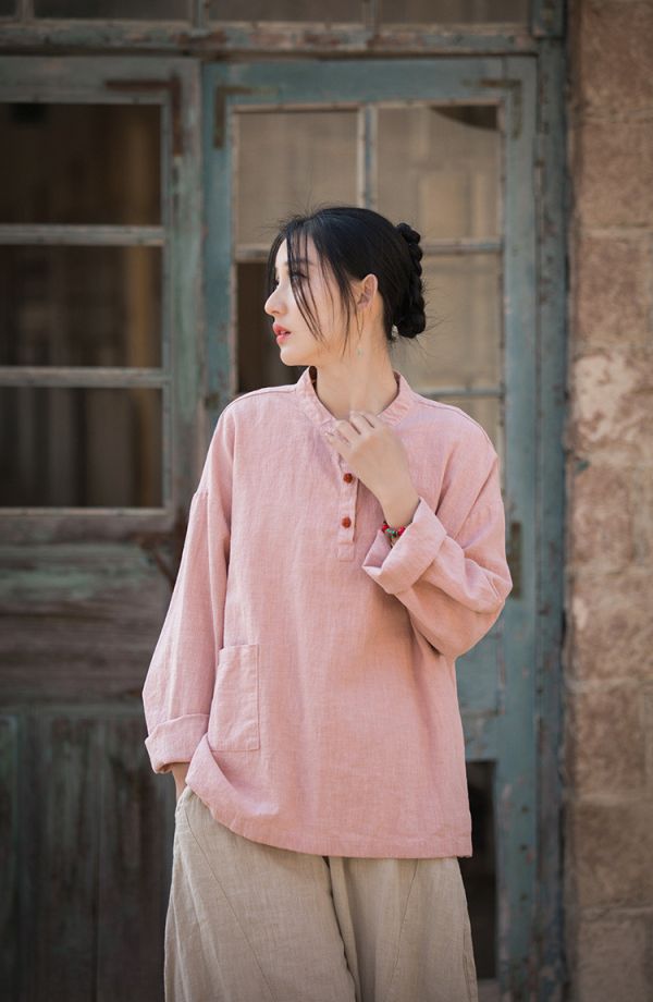 燕燕~莧麻棉~夏女裝新款  撞色盤扣上衣 長袖棉麻衫 