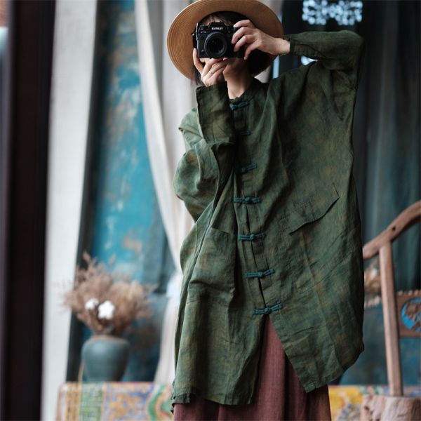 燕燕~秋冬新款 苧麻  寬鬆不對稱口袋長外套襯衫 上衣 外套。ab143501 
