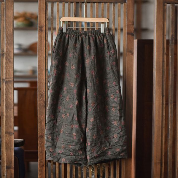 燕燕~亞麻~寬鬆版型～大尺碼休閒印花雙層復古休閒闊腿褲 長褲 