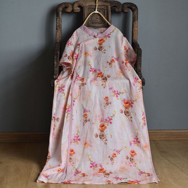 燕燕~棉麻商品 苧麻材質 數碼印花斜襟盤扣文藝開衩長旗袍 洋裝 連身裙  