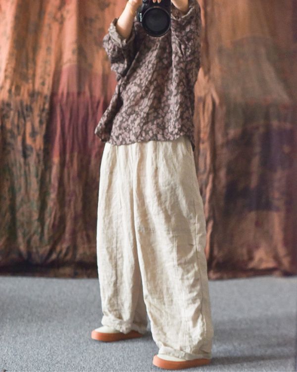 燕燕～四季款  高支砂洗苧麻鬆緊腰 寬鬆休閒長褲 直筒褲 民俗風寬褲 