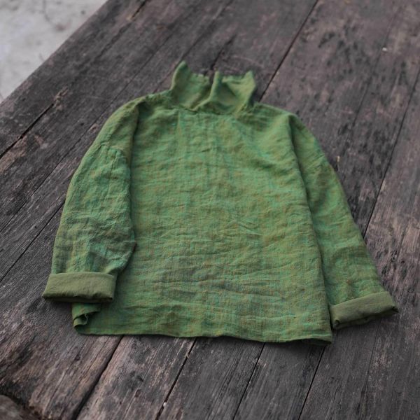 燕燕~色織亞麻 堆堆領上衣 文藝寬鬆上衣長袖襯衫 