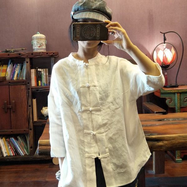 燕燕～純亞麻 砂洗純色文藝復古對襟襯衫上衣 薄外套 ab131101 