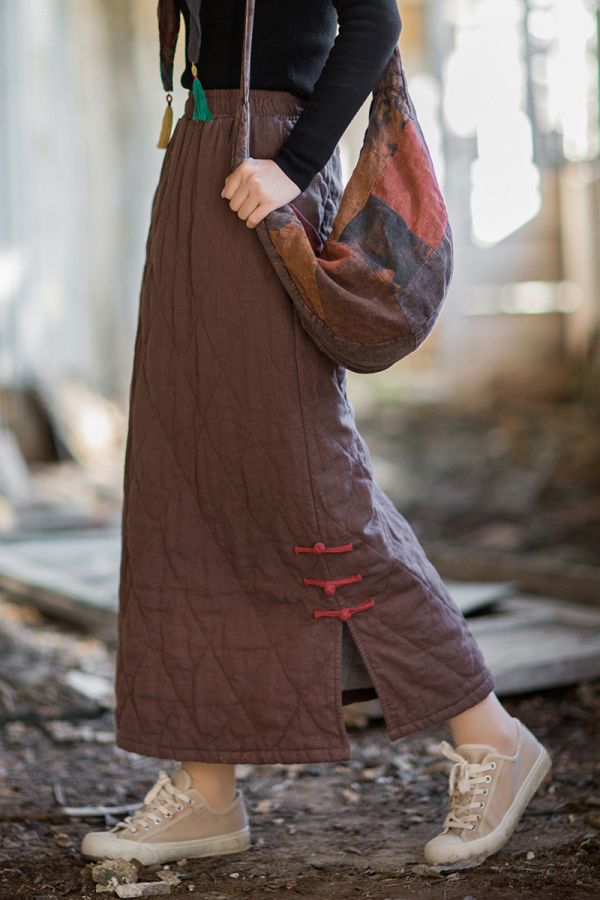 燕燕~秋冬新品    苧麻夾棉 原創設計個性保暖菱格絎縫長裙 