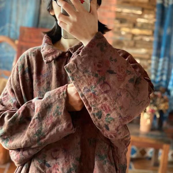 燕燕~純亞麻 印花寬鬆棉袍長棉衣上衣 可當洋裝 連身裙。ab192501 