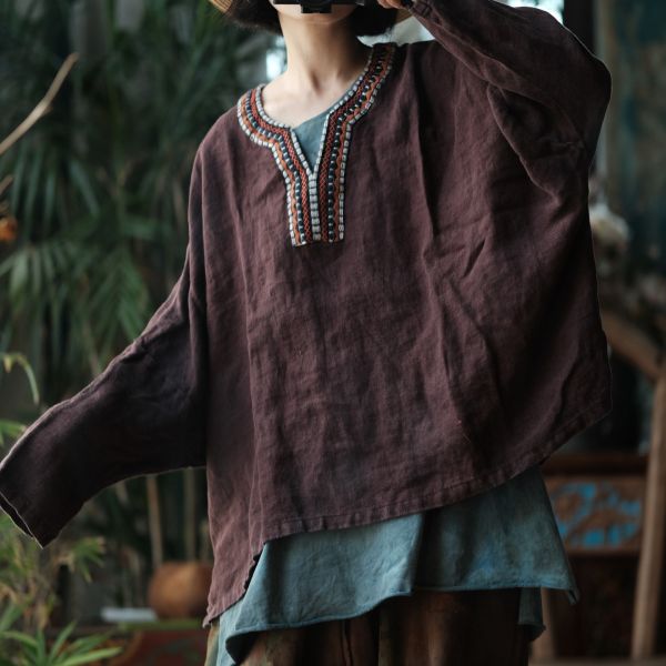 燕燕～春季新款 純亞麻 水洗領口拼接繡花片蝙蝠袖襯衫上衣 長袖棉麻衫 ab202201 