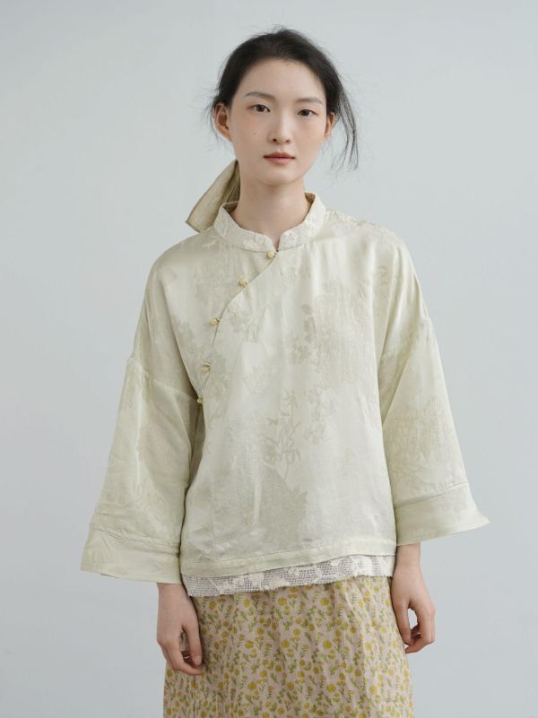 燕燕棉麻～全新夏款 人絲提花襯衫 光澤感珠扣茶服上衣 ab2505401 