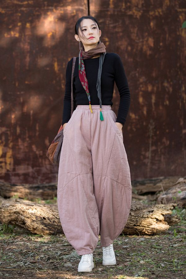 燕燕～秋冬新款 莧麻夾棉加厚炒色燈籠褲 文藝復古棉麻打坐禪修太極褲 長褲 