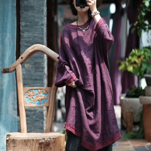 燕燕. 純麻   毛邊撞色大袍洋裝 連身裙。ab143601 