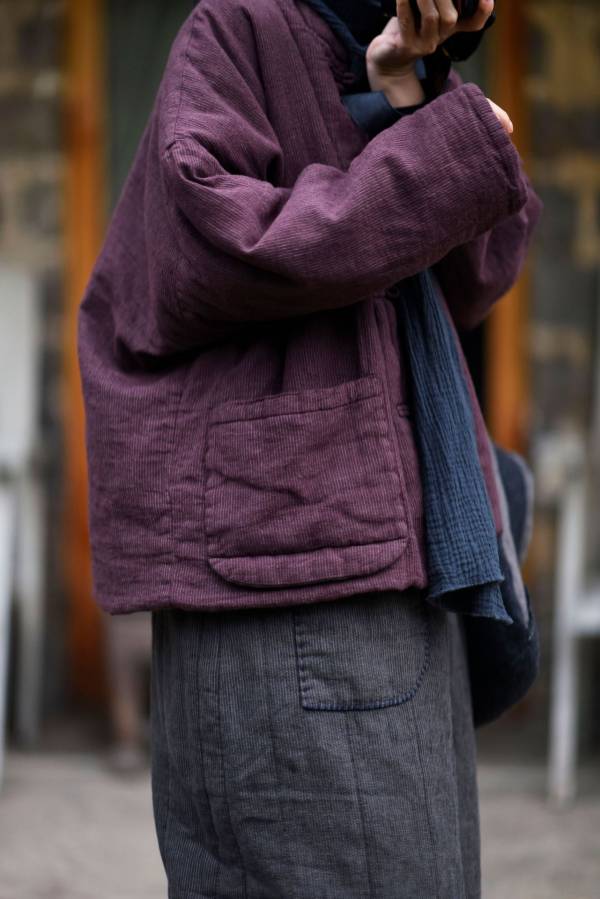 燕燕棉麻~~棉麻 簡約中式立領色織 盤扣寬鬆短款夾棉保暖服 外套 短大衣 