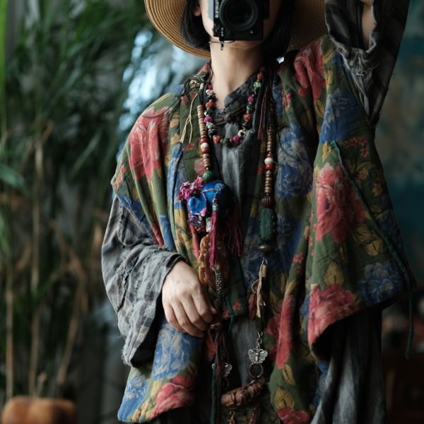 燕燕~棉麻商品~雙層棉紗     寬鬆夾棉繫帶花背心棉麻杉  ab200401 