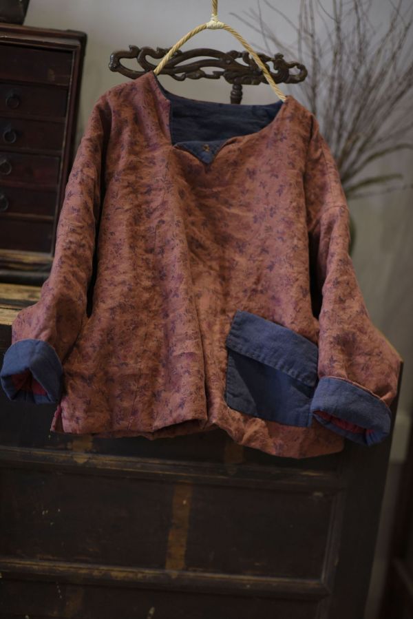 燕燕~棉麻商品~冬季款  亞麻 復古印花寬鬆圓領半開短款棉服上衣 