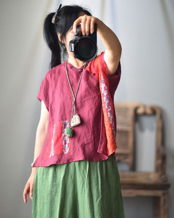 燕燕~棉麻商品~苧麻   圓領清新盤扣襯衫 禪意盤扣民國漢服茶服上衣 短袖棉麻衫 