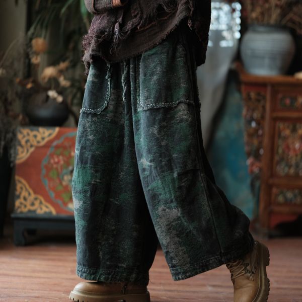 燕燕~秋冬新款 復古保暖休閒褲 設計感中式文藝加厚麻棉提花闊腿褲 ab080301 