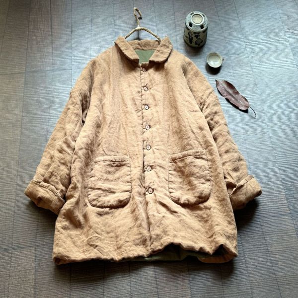 燕燕~秋季新款 高品質砂洗亞麻棉衣藝術復古寬鬆亞麻棉服中長款夾棉外套 ab438901 