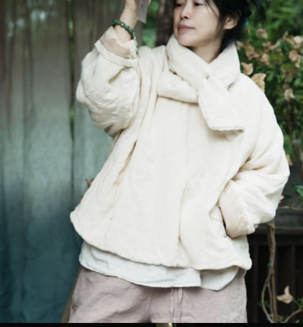 燕燕~高溫水洗超柔亞麻 小棉衣寬鬆女裝短版棉服上衣 （可搭配圍巾一起購買） 