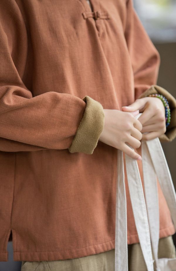 燕燕~秋冬新款 苧麻加絨加厚打底衫 盤扣復古文藝上衣T恤 (加絨加厚設計） 