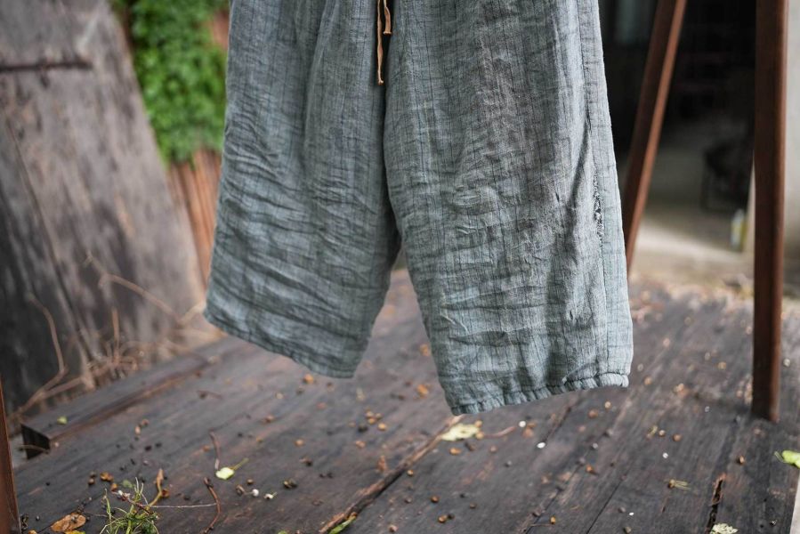 燕燕～亞麻 條紋色織鬆緊腰寬鬆顯瘦百搭直筒褲 長褲 