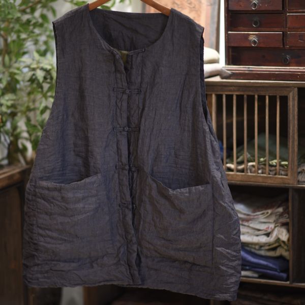 燕燕~色織亞麻中式盤扣雙層夾棉中長棉背心 