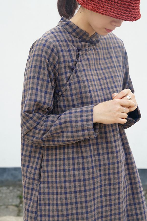 燕燕~秋冬款 棉質色織格中式旗袍茶服 青繭型棉袍洋裝 連身裙  ab1829801 