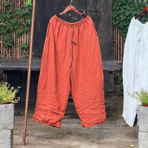 燕燕~砂洗亞麻水洗直筒闊腿棉褲 休閒繫帶長褲 