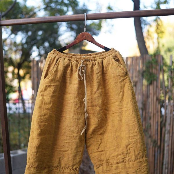 燕燕 冬季厚棉 色織亞麻布 高溫成衣水洗直筒棉褲 寬鬆休閒長褲 