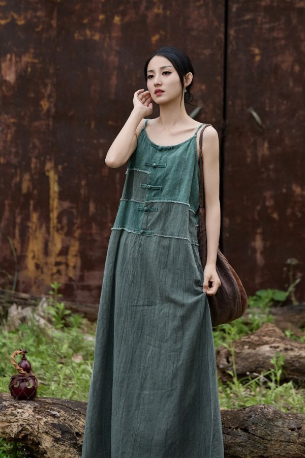 燕燕~夏季新款 亞麻莧麻拼接紮染長裙 飄逸清涼女吊帶洋裝 連身裙 