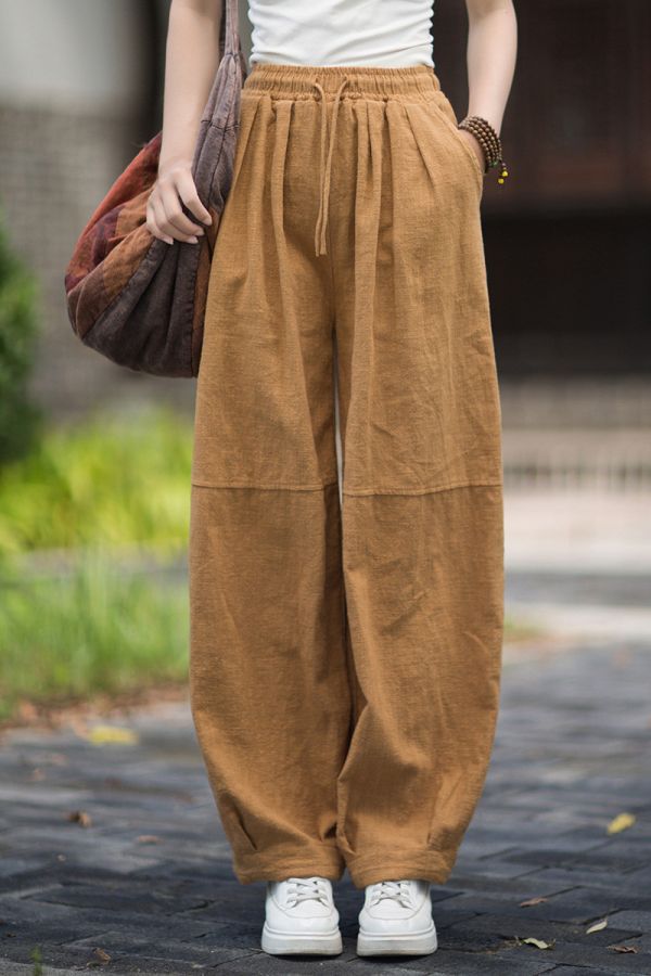 燕燕~秋新款 苧麻砂洗文藝百搭鬆緊腰長褲 哈倫褲 